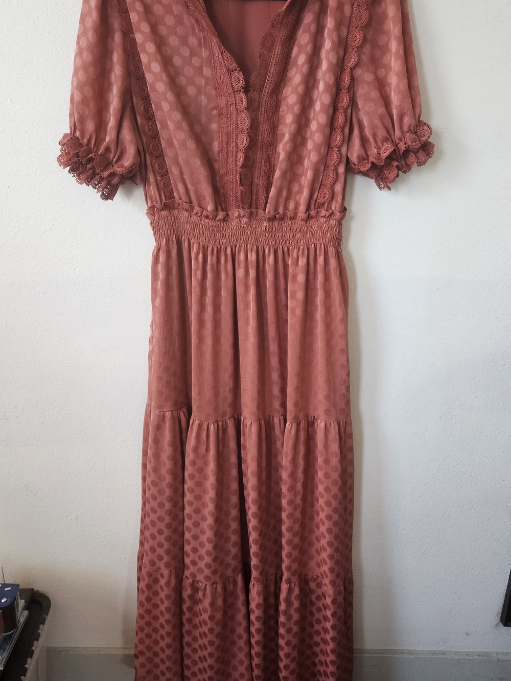 Max Studio Rust Polka-Dot Maxi Dress with Lace Trim
